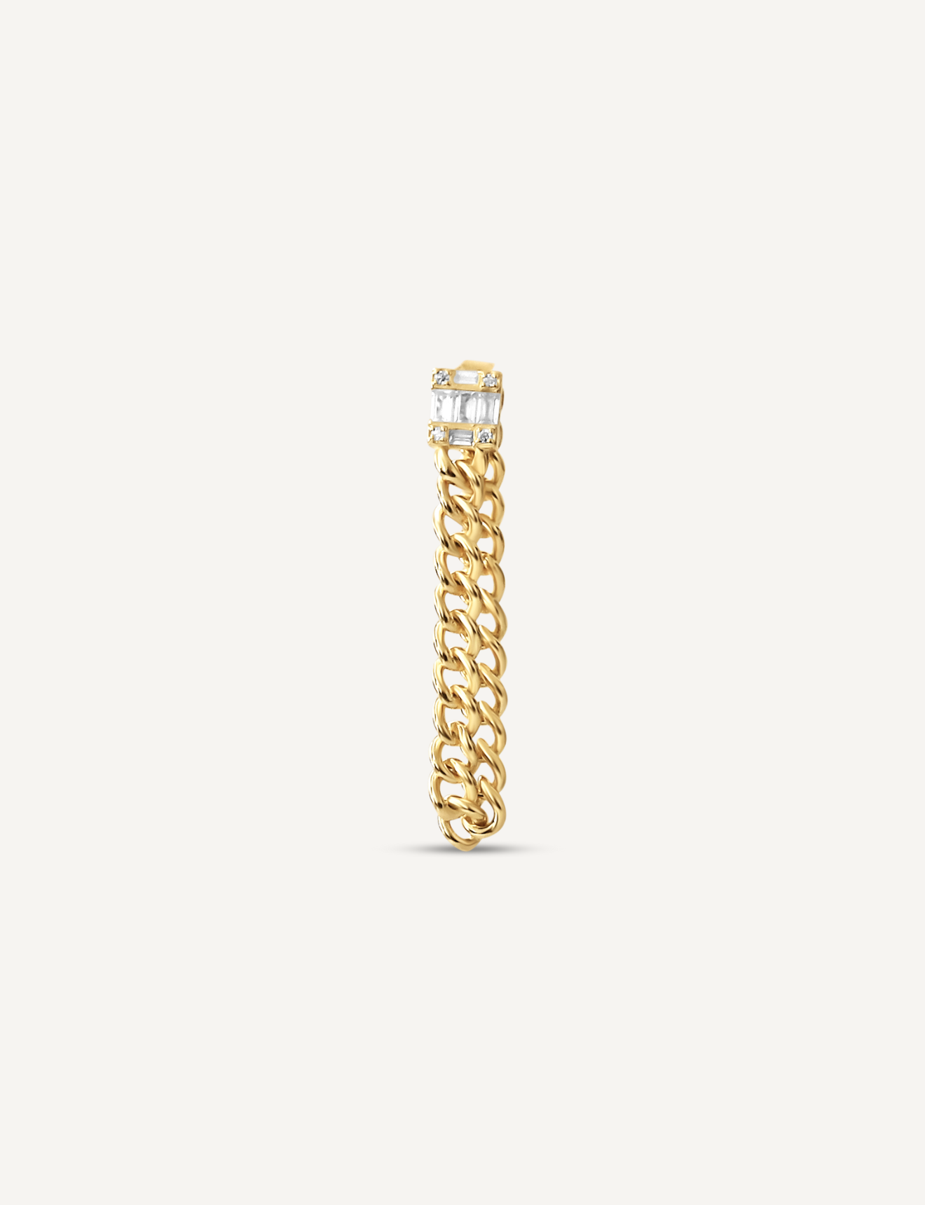 18K Gold Filled chain earring connected to a square cut clear Cubic Zirconia stud.