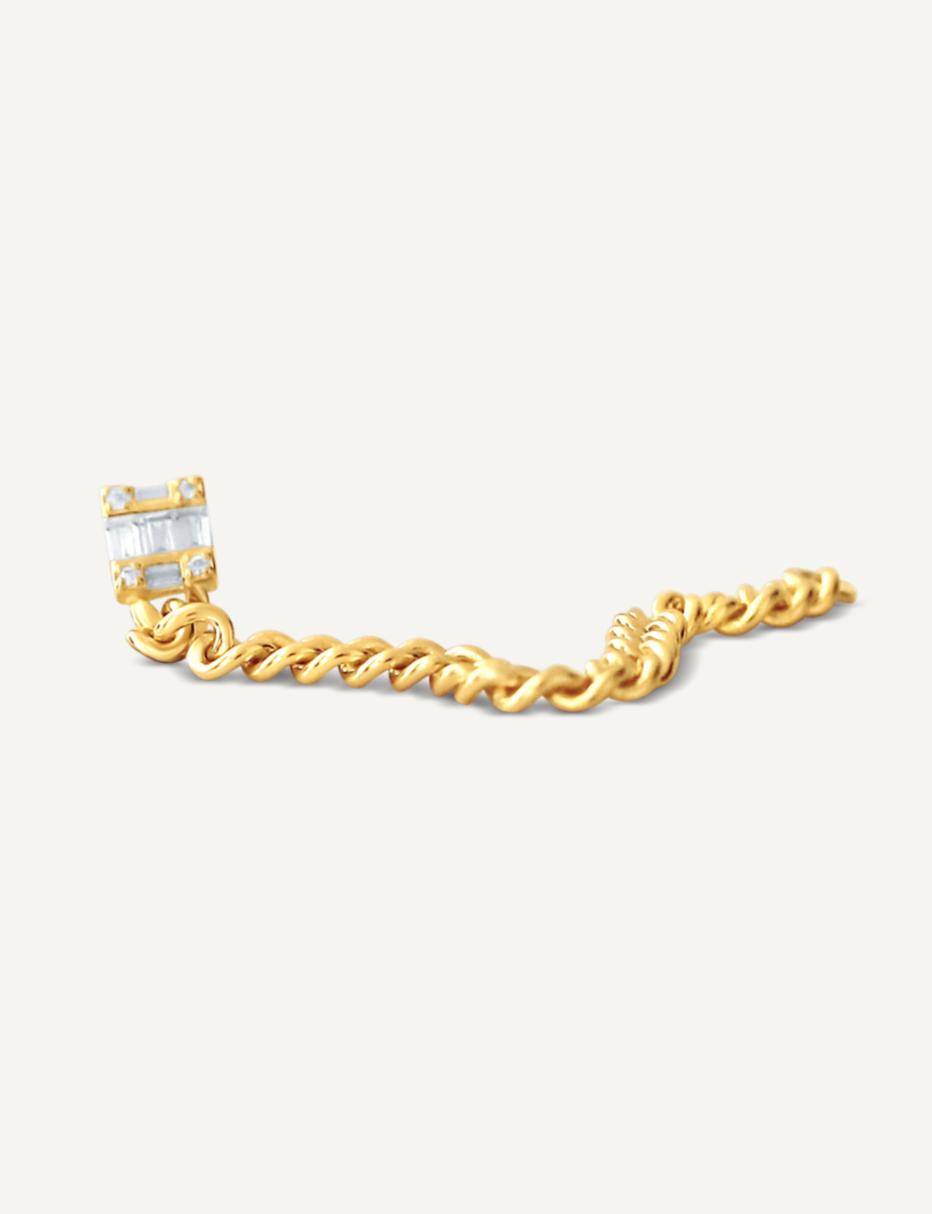 18K Gold Filled chain earring connected to a square cut clear Cubic Zirconia stud.