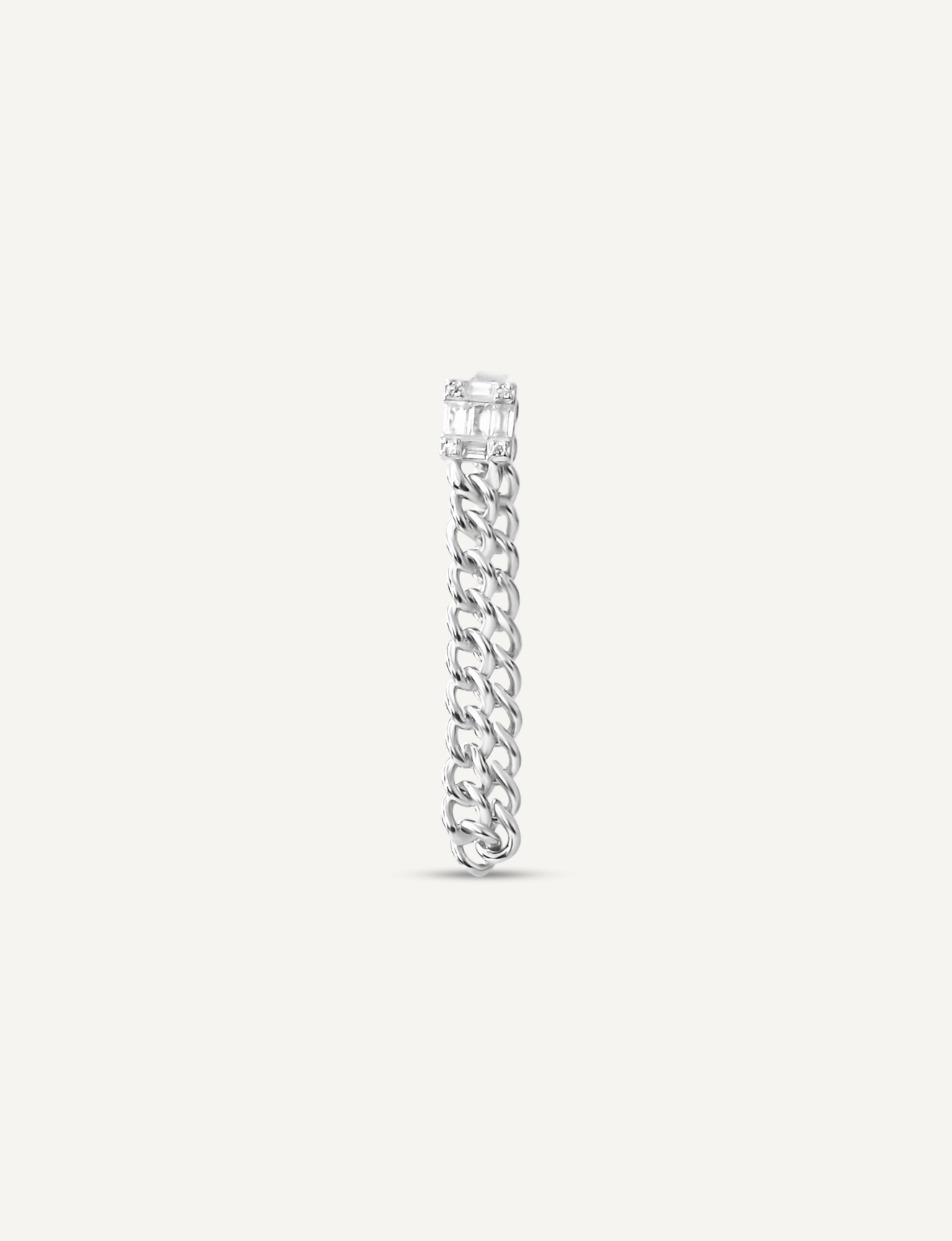 925 Sterling Silver chain earring connected to a square cut clear Cubic Zirconia stud.